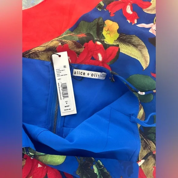 Alice + Olivia Kayson Floral Print Midi Dress Sz 0 NWT Tropical Sunrise Sapphire
